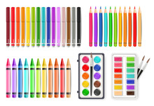 Colorful Pen, Marker And Watercolor Palette Tools Set Vector Realistics