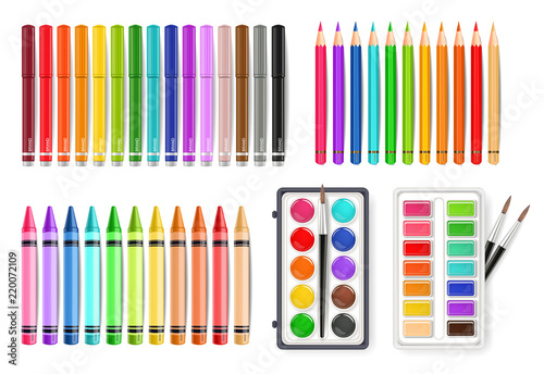Cuadros en Lienzo Colorful pen, marker and watercolor palette tools set Vector realistics