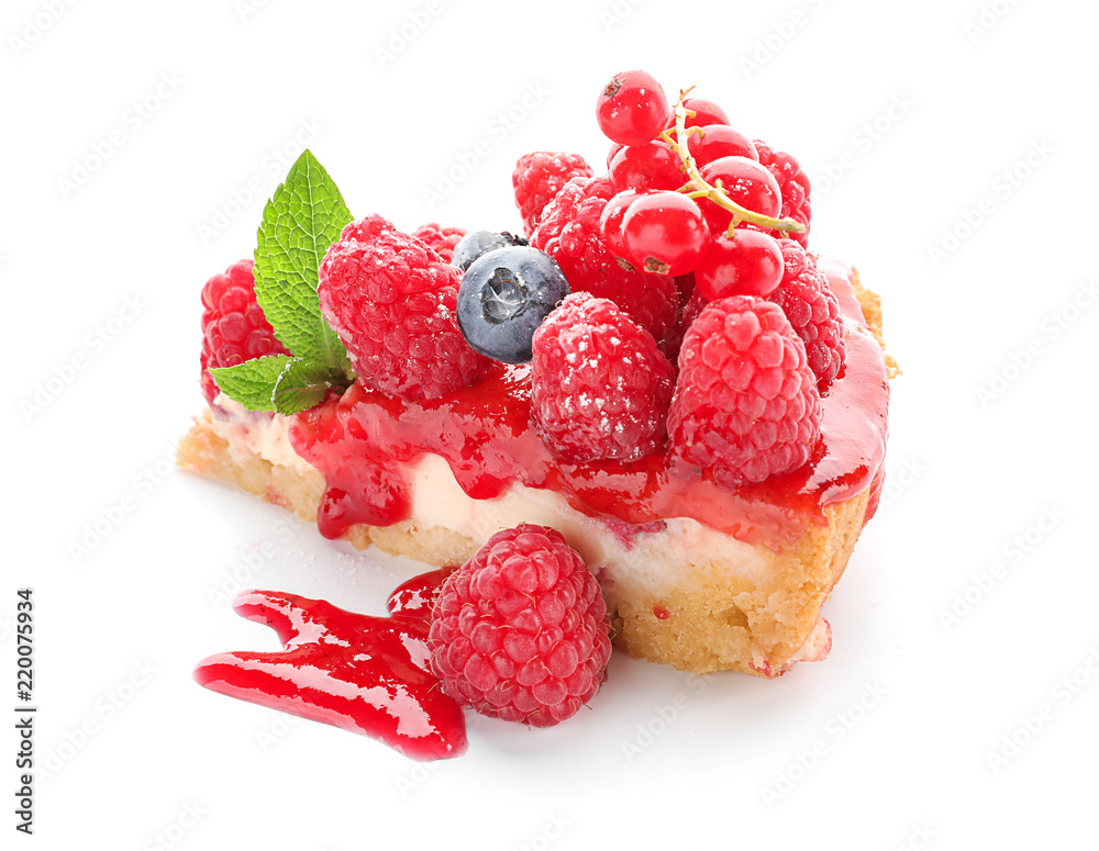 Piece of delicious raspberry cheesecake on white background