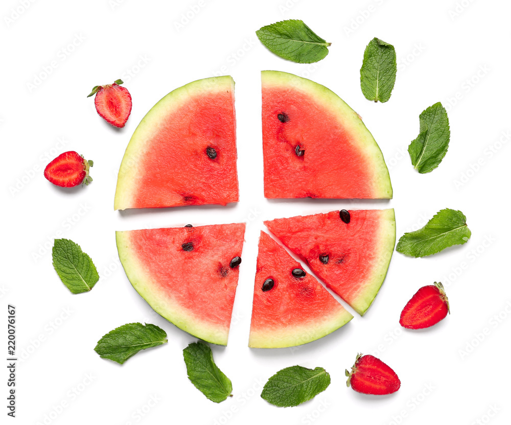 Composition with delicious sliced watermelon on white background