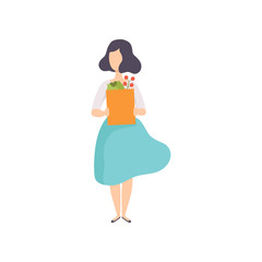 Sticker - Young woman holding paper bag with vegetables, girl doing shopping at the grocery shop vector Illustration on a white background