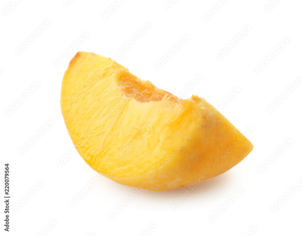 Slice of fresh peach on white background