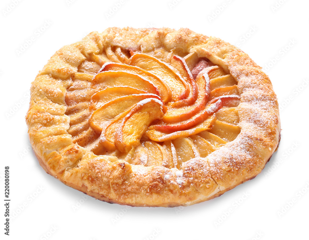 Delicious peach galette on white background