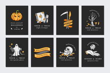 Vector Illustration Set Of Linear Icons For Happy Halloween. Happy Halloween Greeting Cards On Black Background.