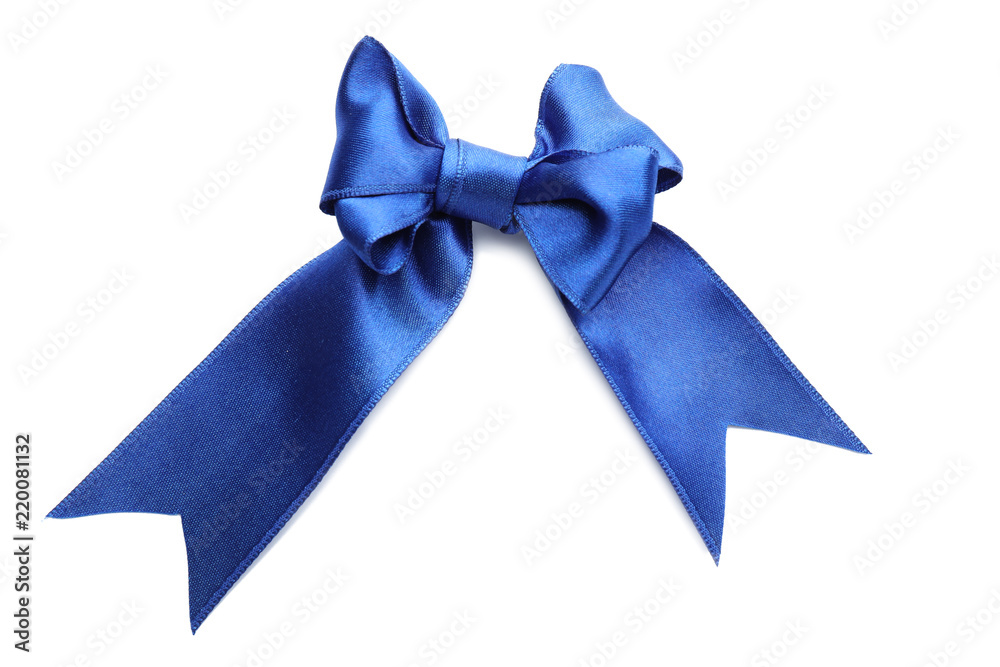 Bow from blue satin ribbon on white background