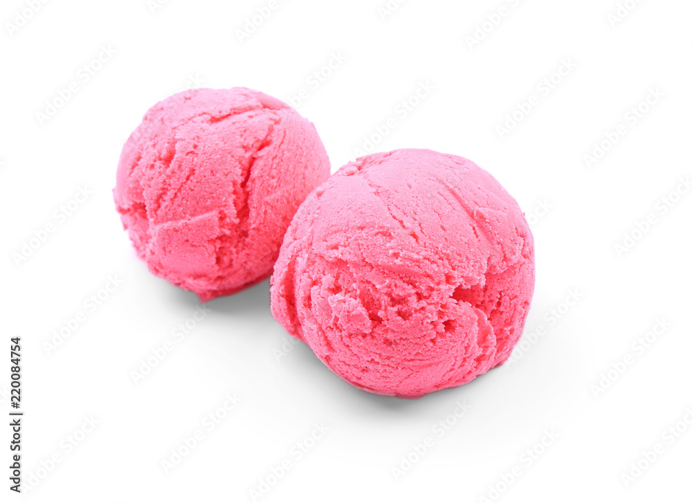 Tasty strawberry ice-cream balls on white background