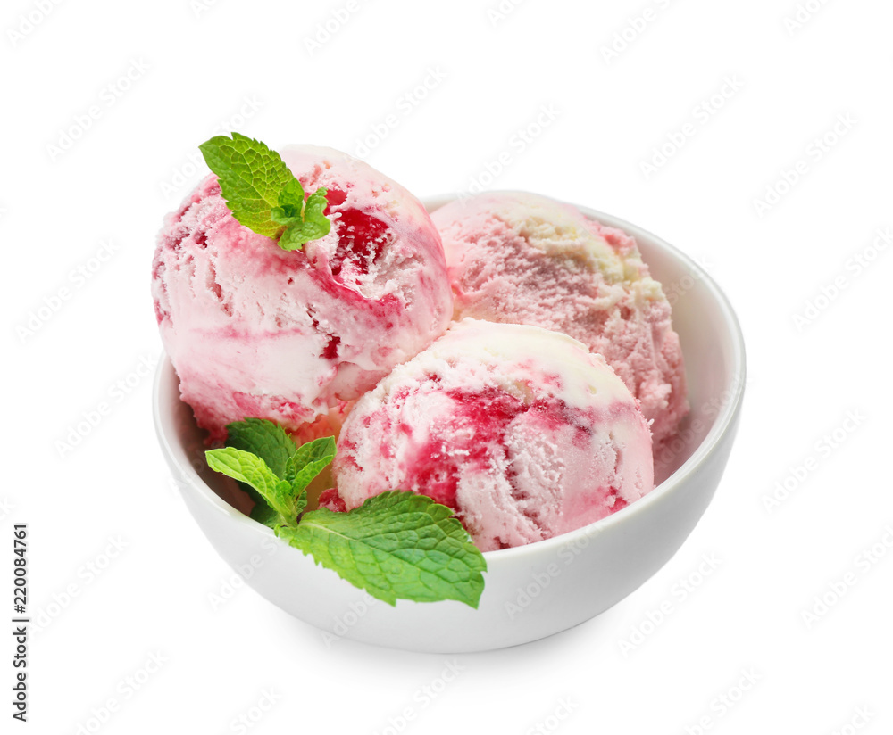 Bowl with delicious strawberry ice-cream on white background