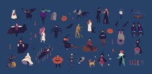 Crowd Of Tiny People Dressed In Various Halloween Costumes Isolated On Dark Background. Male And Female Cartoon Characters At Party Or Masquerade Ball. Colorful Vector Illustration In Flat Style.