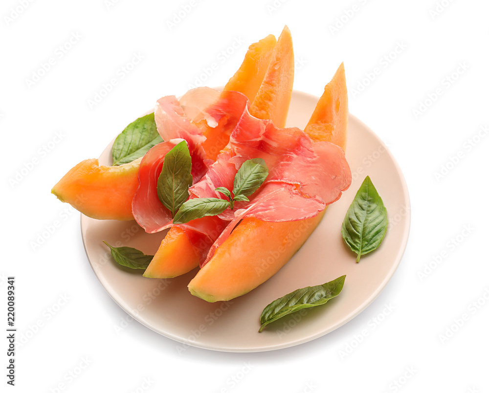 Delicious melon with prosciutto on white background