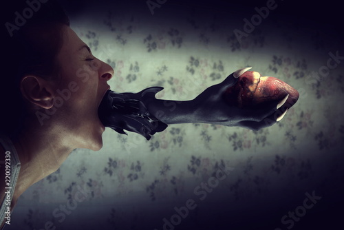 Cuadros en Lienzo scary devil hand and screaming woman in haunted horror house