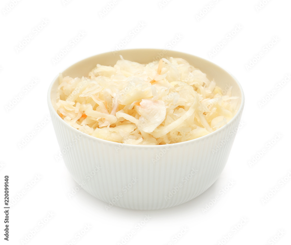 Bowl with delicious sauerkraut on white background