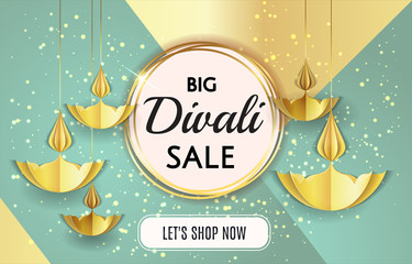 Wall Mural - Big Diwali festival sale template banner offer design isolated in black background with golden paper origami oil lamps candles. Luxury, Vip  gold Happy Diwali traditional Indian festival greeting card