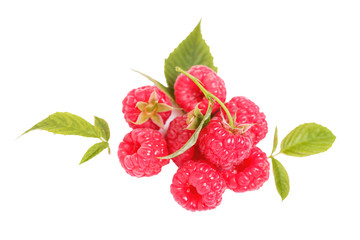 Wall Mural - Sweet Raspberry with leaves isolated on white background.