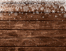 Wooden Brown Christmas Background With Snowflakes And Stars, Vector Illustration