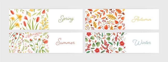 Aufkleber - Collection of seasonal horizontal banner templates with season names written with cursive font, flowers and plants. Spring, summer, autumn and winter floral backdrops. Flat vector illustration.