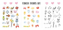 Collection Of Colorful Fingerprints Decorated By Adorable Animal S Faces Isolated On White Background. Bundle Of Art Design Elements For Children. Childish Colorful Hand Drawn Vector Illustration.