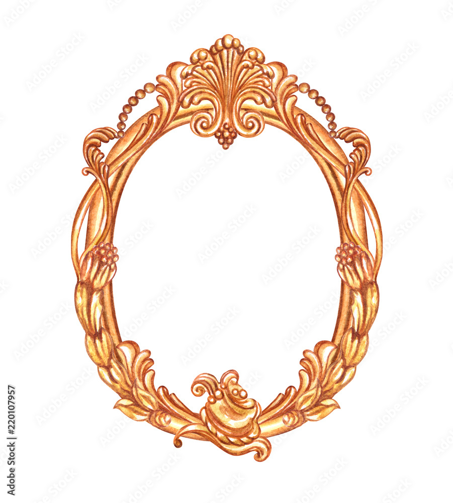 Gold oval frame with Baroque pattern, watercolor painting on white ...