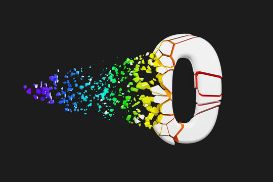 Broken shattered iridescent alphabet number 0. Crushed white and rainbow font. 3D render isolated on gray background.