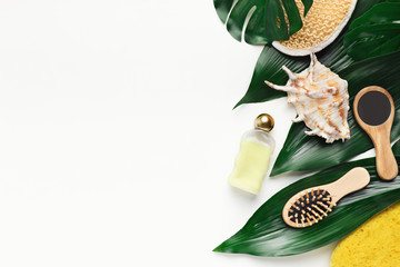 Wall Mural - spa skincare products on big green leaves