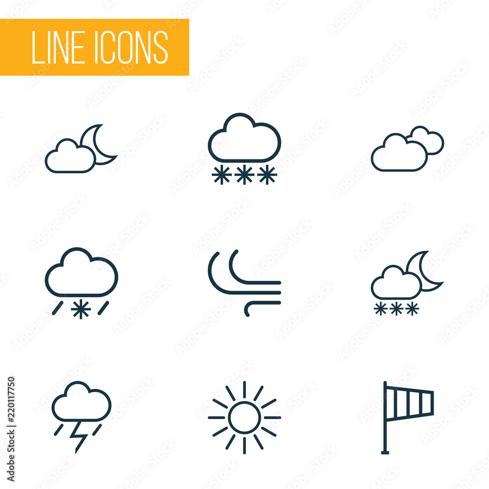 Air icons line style set with moonshine, cold weather, sunshine and other breeze
 elements. Isolated vector illustration air icons. - obrazy, fototapety, plakaty 