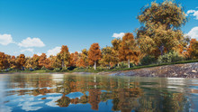 Tranquil Woodland Scenery With Lush Colorful Autumn Trees On The Shore Of Calm Forest Lake Or Pond At Clear Autumnal Day. With No People Fall Season 3D Illustration.