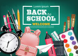 Fototapeta  - Back to school card with satchel, alarm clock, pencils and other tools Vector realistic. Chalk board background. Detailed 3d illustrations