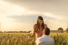 Will You Marry Me? Men Making Proposal For His Girlfriend At Gold Wheat Field 