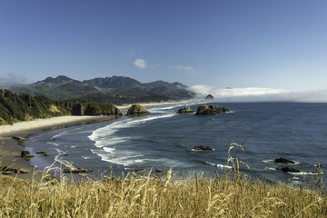 Wall Mural - Crescent and Cannon Beach with Haystack Rock and a fog bank behind it  in Oregon