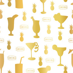 Gold foil cocktail glass seamless vector pattern. Golden alcohol drinking glasses on white background with Cheers lettering and pineapples. For restaurant, bar menu, decor, summer party, celebration