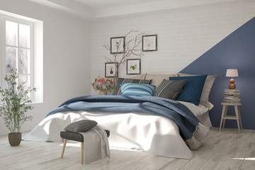 White bedroom with winter landscape in window. Scandinavian interior design. 3D illustration