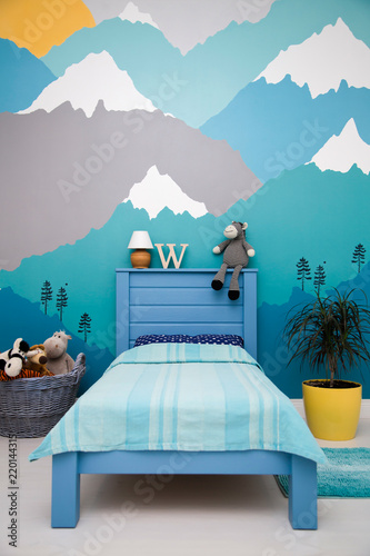 Cute Boy Bedroom Design With A Turquoise Grey Mountain Wall