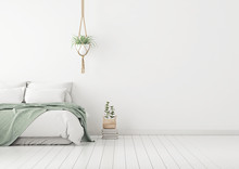 Home Bedroom Interior Mockup With Bed, Green Plaid, Pillows And Plants On Empty White Wall Background. Free Space On Right. 3D Rendering.