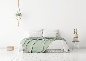 Aufkleber - Home bedroom interior mockup with bed, green plaid, pillows and plants on empty white wall background. 3D rendering.