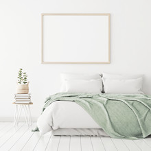 Poster Mockup With Wooden Horizontal Frame On Empty White Wall In Bedroom Interior With Bed, Green Plaid And Plants. 3D Rendering.