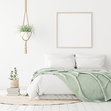 Poster Mockup With Wooden Square Frame On Empty White Wall In Bedroom Interior With Bed, Green Plaid, Rug And Plants. 3D Rendering.