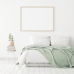 Aufkleber - Poster mockup with wooden horizontal frame on empty white wall in bedroom interior with bed, green plaid and plants. 3D rendering.