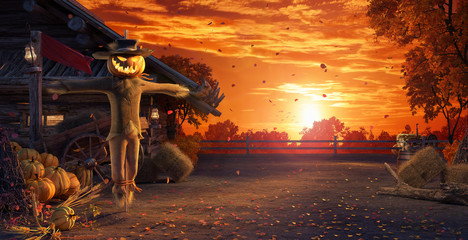 Fall in backyard with leaves falling from trees and Halloween pumpkin scarecrow, autumn background 3D Rendering