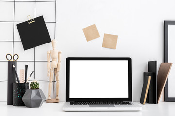 Sticker - Laptop and office supplies, sticky notes and a cactus. Black and white color mock up.