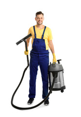 Canvas Print - Male janitor with carpet cleaner on white background