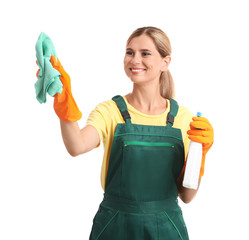 Female janitor with rag and bottle of detergent on white background. Cleaning service