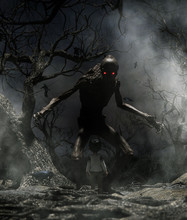 Nightmare With Bogeyman,Boy Enter To The Haunted Forest In His Dream And Discover A Mythical Creature Call Bogeyman In Creepy Forest,3d Illustration