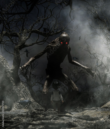 Photographie Nightmare with bogeyman,Boy enter to the haunted forest in his dream and discove