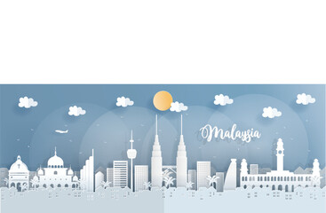 Panorama travel postcard of world famous landmarks of Malaysia in paper cut style vector illustration