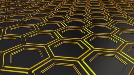 Wall Mural - Wall of black hexagons with yellow glow