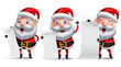 Santa claus vector character set holding blank white paper of christmas wish list and gifts with happy facial expressions and postures for christmas elements. Vector illustration.
