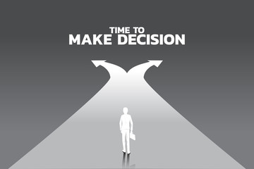 Poster - silhouette of businessman with briefcase step forward to crossroad. Concept of time to make decision in business direction