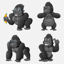 Set Of Gorilla Cartoon With Different Poses And Expressions