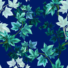 Floral Seamless Pattern With Ivy Branch Watercolor In Hand Drawn Sketch Style On Dark Blue Background