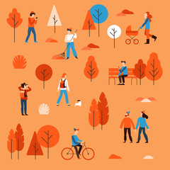 Wall Mural - Vector illustration in flat simple linear style -  people walking in the public autumn park