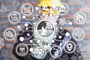 Industry engineer clicks a antenna wifi button on a virtual interface. Industrial wireless telecommunication connection smart concept. Wi-fi telecom construction manufacturing.